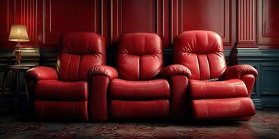 Cozy red leather recliners arranged in a stylish living room with elegant decor and warm lighting photo