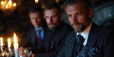 Men enjoying an elegant dinner in a dimly lit setting with candles and stylish attire photo