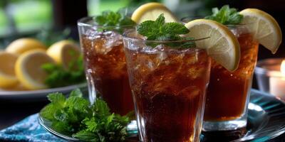 Refreshing iced tea drinks served with lemon and mint for summer enjoyment at a garden party photo