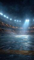 Nighttime sports arena illuminated by bright lights with a cheering crowd in the background during a thrilling game photo
