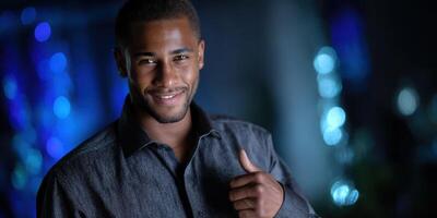Confident man giving a thumbs up while smiling in a cool blue-lit environment during a casual gathering photo