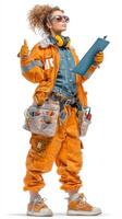 Construction worker in bright orange gear showing thumbs up while holding a clipboard in a studio setting photo