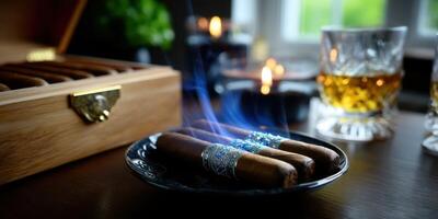 Cigars resting on a plate next to a glass of whiskey and lit candles in a cozy indoor setting photo