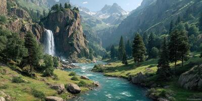 Majestic waterfall cascading down cliffs in a lush green valley surrounded by towering mountains photo