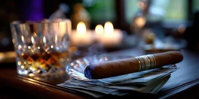 Evening relaxation with a cigar and whiskey in a cozy setting featuring flickering candles and soft ambiance photo