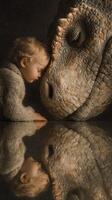 Boy gently touching forehead of dinosaur in a whimsical setting reflecting in water photo