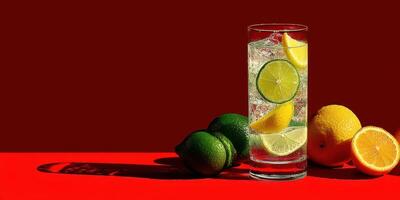 Refreshing citrus drinks with limes, lemons, and oranges on a vibrant red background photo