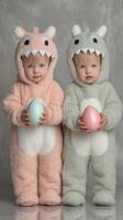 Twins in adorable monster costumes holding colorful eggs during an indoor celebration in springtime photo