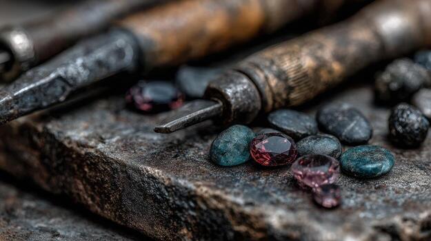 Crafting precious stones with tools on a workbench in a jewelry workshop photo