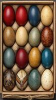 Beautifully handcrafted decorative eggs displayed in an elegant box, showcasing colors and patterns for festive occasions photo