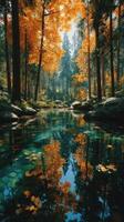 Vibrant autumn forest reflections in a tranquil river surrounded by golden foliage photo