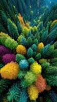 Vibrant autumn foliage showcases colorful trees in a lush forest during early morning light photo