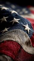 Worn American flag showcasing rich colors and intricate stitching in a close-up view on a dark background photo