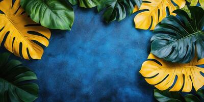 Tropical leaves surround a vibrant blue background creating a lively atmosphere for decorative purposes photo