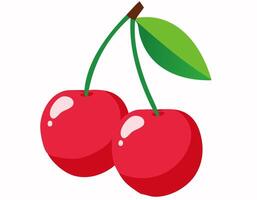 Flat design illustration of two red cherries with green leaves on a clean white background simple and bright style suitable for healthy food concept or summer theme artwork vector