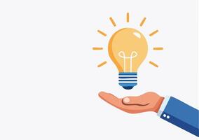 A glowing yellow light bulb floating above a hand in flat design style, symbolizing creativity and innovation, minimal shading, clean white background with copy space, ideal for modern concepts vector