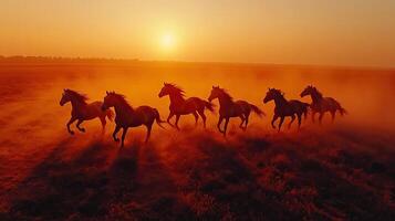 A group of horses running in the sunset photo