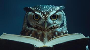 Owl reading book on dark background photo