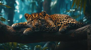 A leopard is resting on a tree branch in the jungle photo