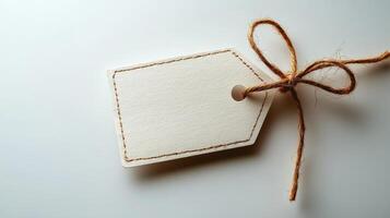 A white tag with a brown string tied to it photo