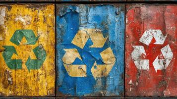 Recycling Symbols on Rusty Metal Bins. A Call for Environmental Conservation photo
