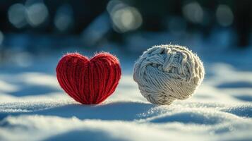 Two balls of yarn are sitting on top of a heart photo
