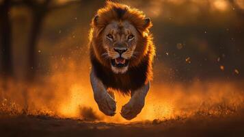 A lion running in the sunset photo