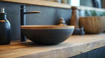 A wooden bowl sitting on top of a wooden counter photo