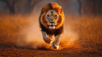 A lion running across a field with a tree in the background photo