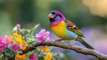 A colorful bird sits on a branch with flowers photo