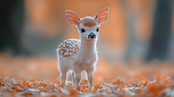 A baby deer standing in the middle of a forest photo