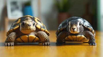 Two small turtles sitting on a table photo