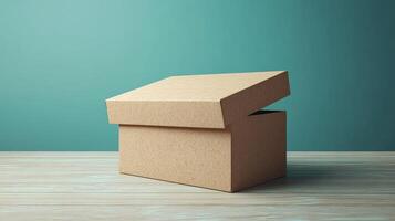 A cardboard box sitting on a wooden table photo