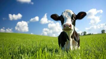 A cow is standing in a green field photo
