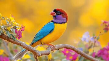 Colorful bird sitting on a branch with flowers photo