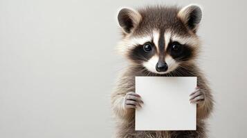 A raccoon holding a blank card in front of it photo
