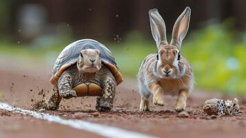 A tortoise and a rabbit running on a dirt road photo