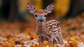 A baby deer is standing in the leaves photo