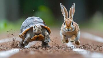 A tortoise and a rabbit running on a track photo