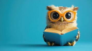An owl wearing glasses is reading a book photo