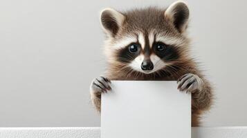 A raccoon holding a blank sign over its head photo