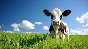 A cow is standing in a field with a blue sky photo