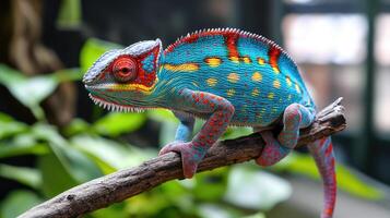 A colorful chameleon is sitting on a branch photo