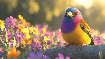 A colorful bird is sitting on a branch in a field of flowers photo