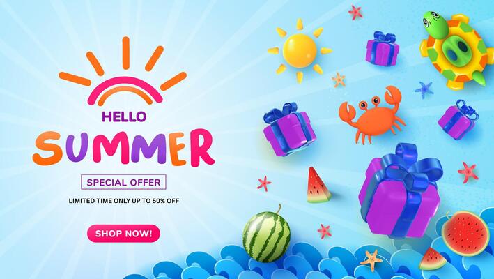 Hello Summer Promotion Featuring Gifts, Sun, and Tropical Beach Elements