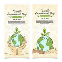 Set Vertical Banner World Environment Day Design With Hands, Globe, and Plant Illustration vector