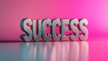 The word success is shown in 3d metal letters on a pink background photo