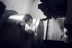 CNC lathe machine cutting metal shaft parts. The hi-technology metal working processing by CNC turning machine. photo