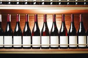 Row of Red Wine Bottles With Blank Labels on Wooden Shelf in Cellar photo