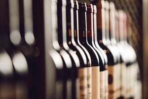Close-Up View of Wine Bottles Lined Up on Cellar Shelf Highlighting Elite Alcohol Choices photo